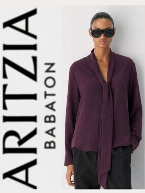 Babaton Hestia Blouse Tie Neck Long Sleeve Burgundy Purple Size Medium
